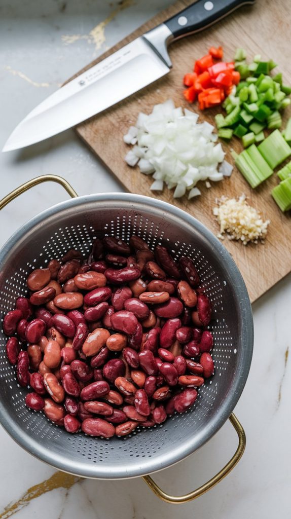 rinsed kidney beans draining in a colander next to diced onion, bell pepper, celery, and minced garlic