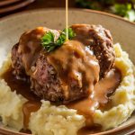 Salisbury steak meatballs served over creamy mashed potatoes