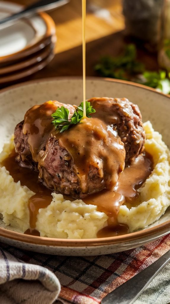 Salisbury steak meatballs served over creamy mashed potatoes