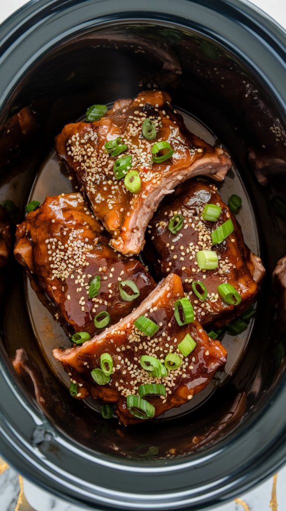 Short ribs in the crockpot fully coated in a glossy honey garlic glaze