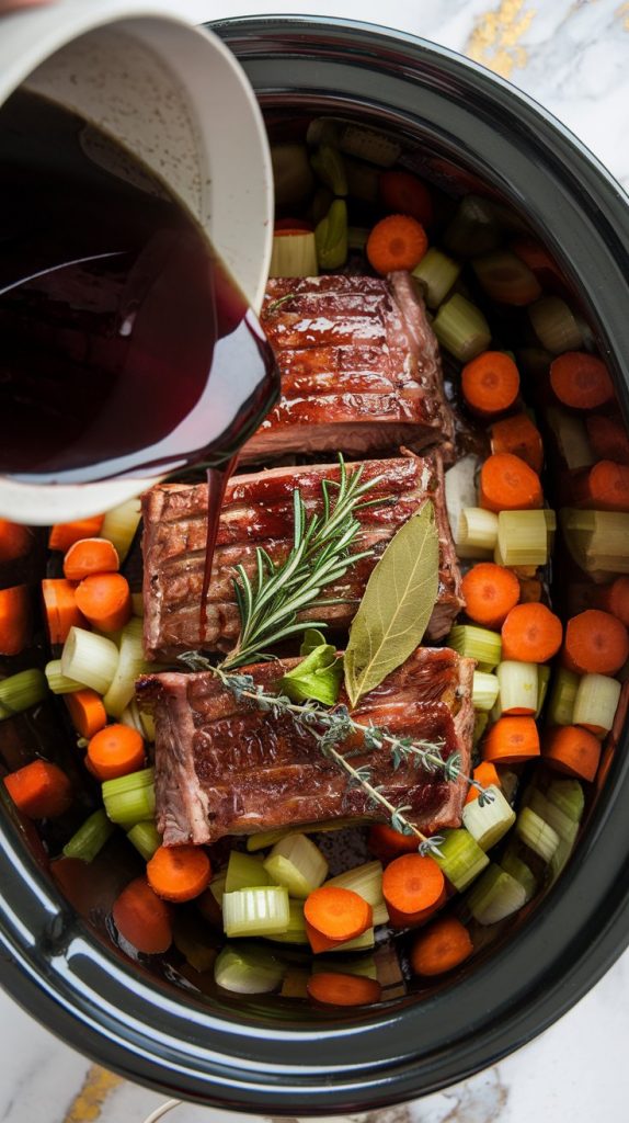 fully seared short ribs placed in the Crockpot, surrounded by chunks of sautéed carrots, celery, and onions