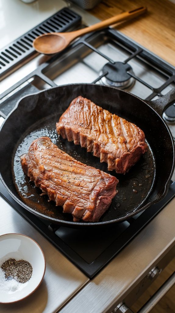 short ribs sizzling in a large skillet, golden-brown crust forming on the meat