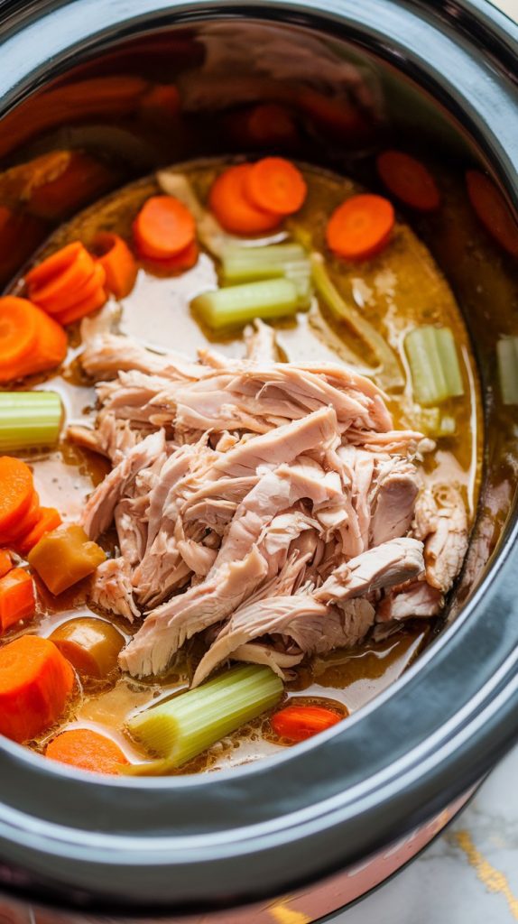 Shredded chicken being added back into the crockpot