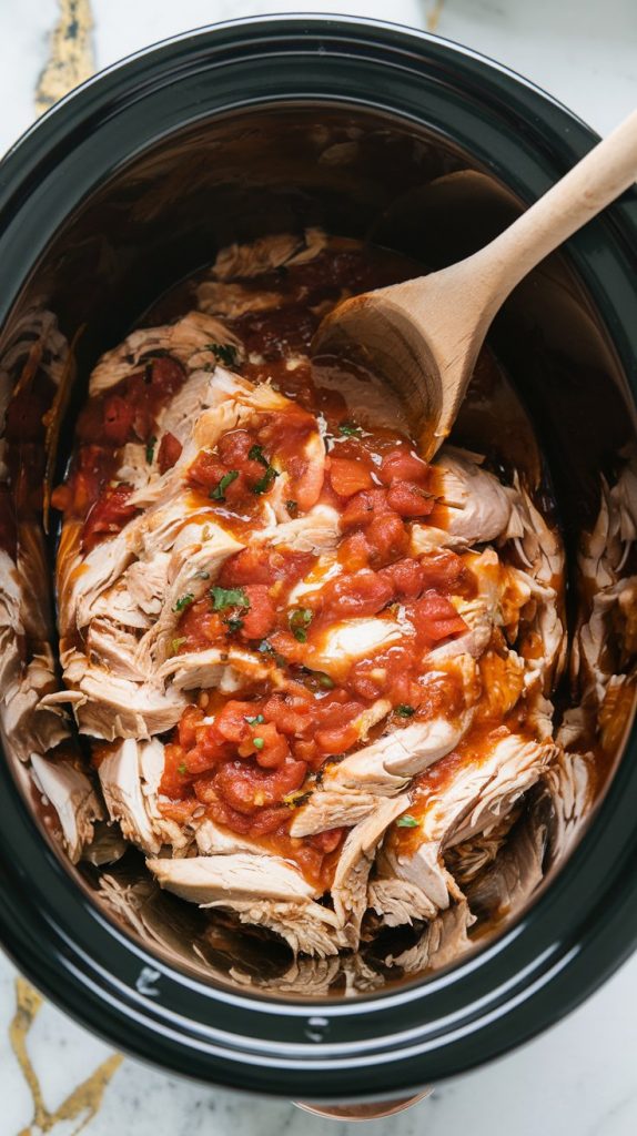 shredded chicken in a crockpot, juicy and coated in salsa