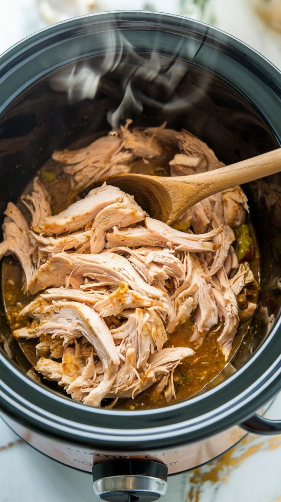 Shredded chicken in a Crockpot mixed with green chile sauce