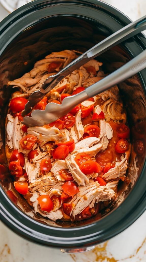 Shredded chicken in the crockpot, fully mixed with the diced tomatoes and sauce