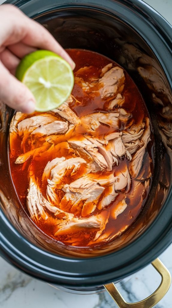 Shredded chicken in a crockpot surrounded by a flavorful red broth