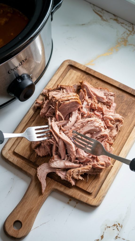 Shredded pork being pulled apart with two forks on a wooden cutting board