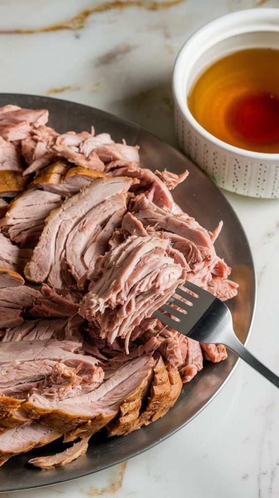 Shredded pork on a large plate with a fork pulling apart the meat