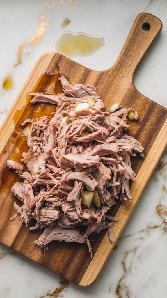 Shredded pork on a wooden cutting board, with juices and bits of onion visible nearby