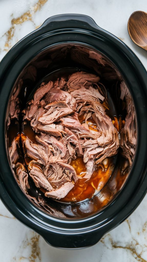 Shredded pork soaking in juices inside the crockpot