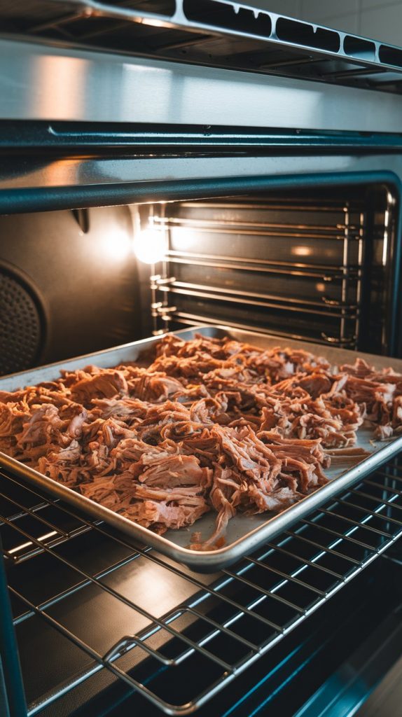 Shredded pork spread on a baking sheet, edges browning under the broiler