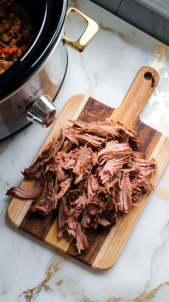 an image of shredded smoked meat on a cutting board next to the crockpot