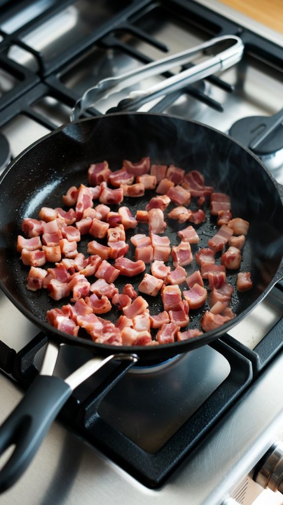 Sizzling chopped bacon in a black skillet on a modern stainless steel gas stove