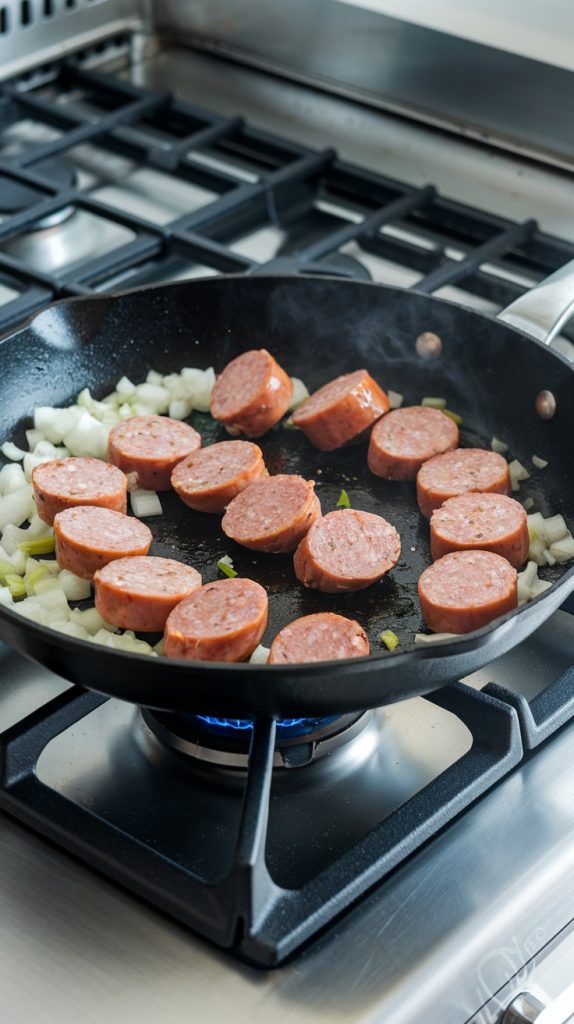 sliced sausage sizzling in a skillet with diced onions and minced garlic starting to soften