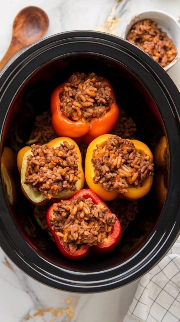 Stuffed bell peppers packed with a hearty ground beef and rice filling, placed upright in a slow cooker