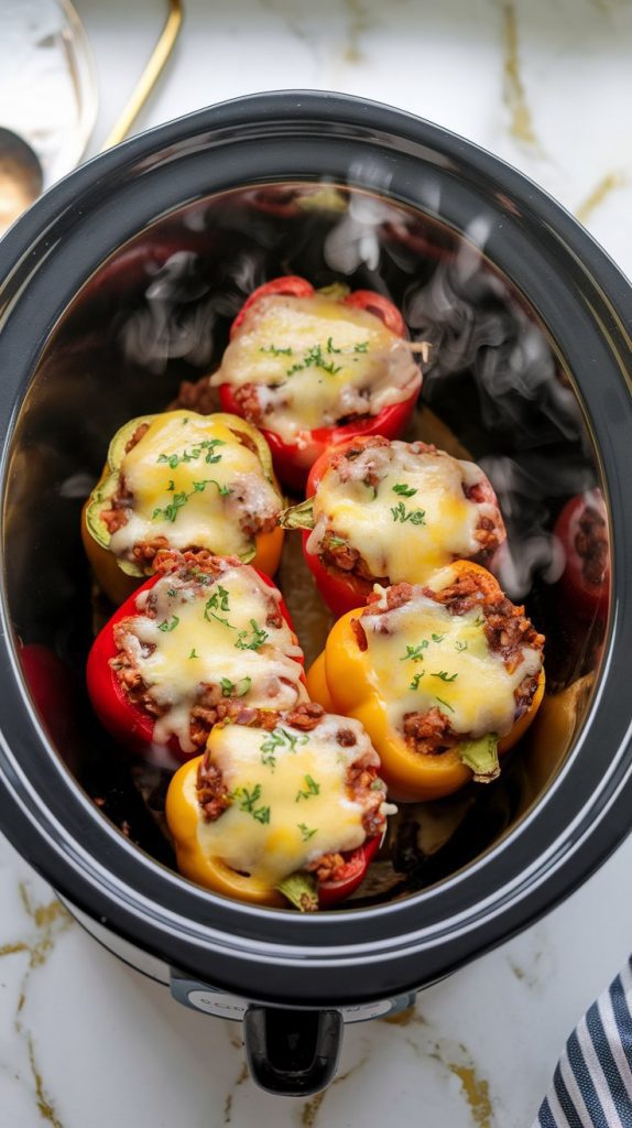 Stuffed bell peppers inside the slow cooker, topped with freshly melted cheese, steam slightly visible