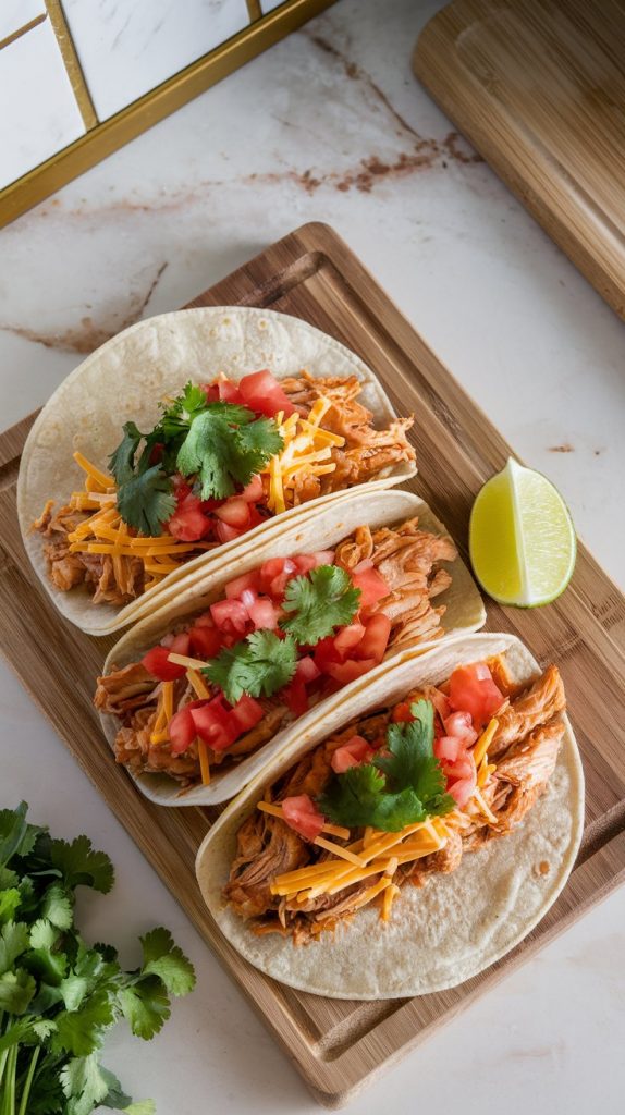 tacos being assembled: warm tortillas filled with shredded adobo chicken