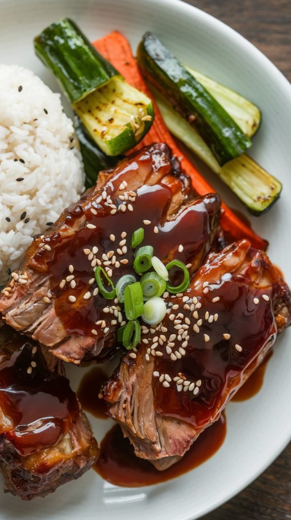 Tender short ribs served on a white plate, drizzled with glossy Korean BBQ sauce, and garnished with sesame seeds and green onions