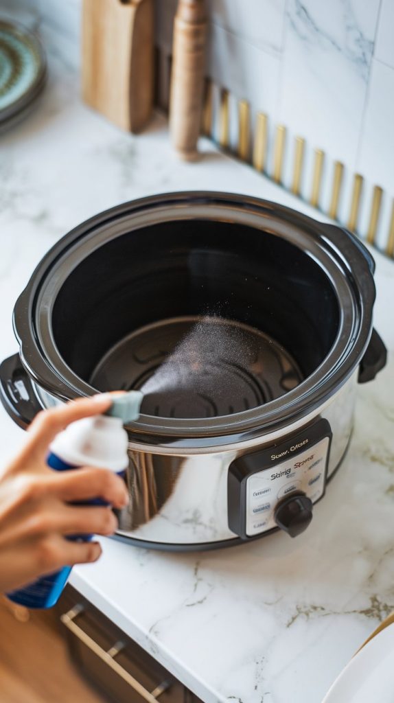 the inside of a slow cooker being sprayed with non-stick cooking spray