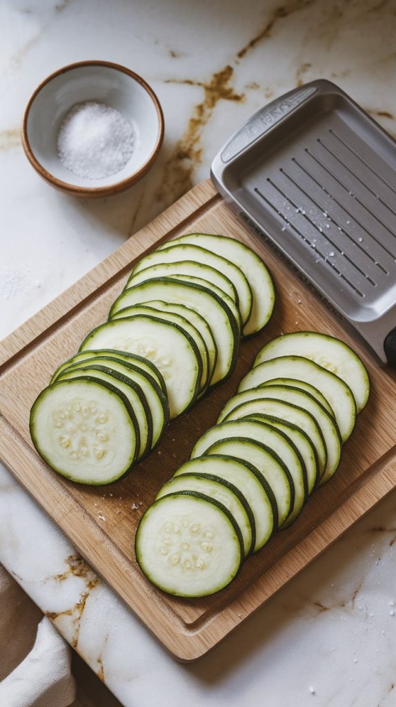 Thinly sliced zucchini arranged on a wooden cutting board with a small bowl of salt nearby