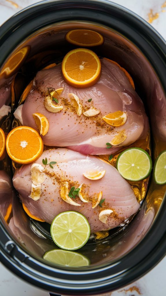 Raw chicken breasts in a slow cooker, surrounded by freshly minced garlic, orange juice, lime juice