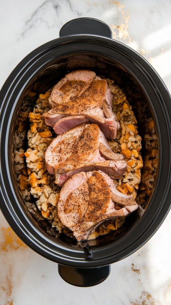 Pork chops seasoned and layered neatly at the bottom of a slow cooker, with stuffing spread evenly over them