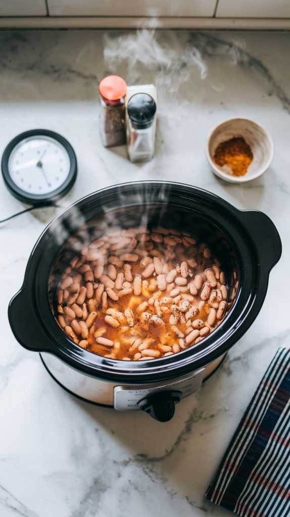 A slow cooker in action, steam rising as the beans cook inside