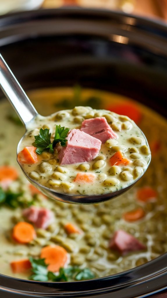 a ladle lifting creamy green split pea soup from the crockpot