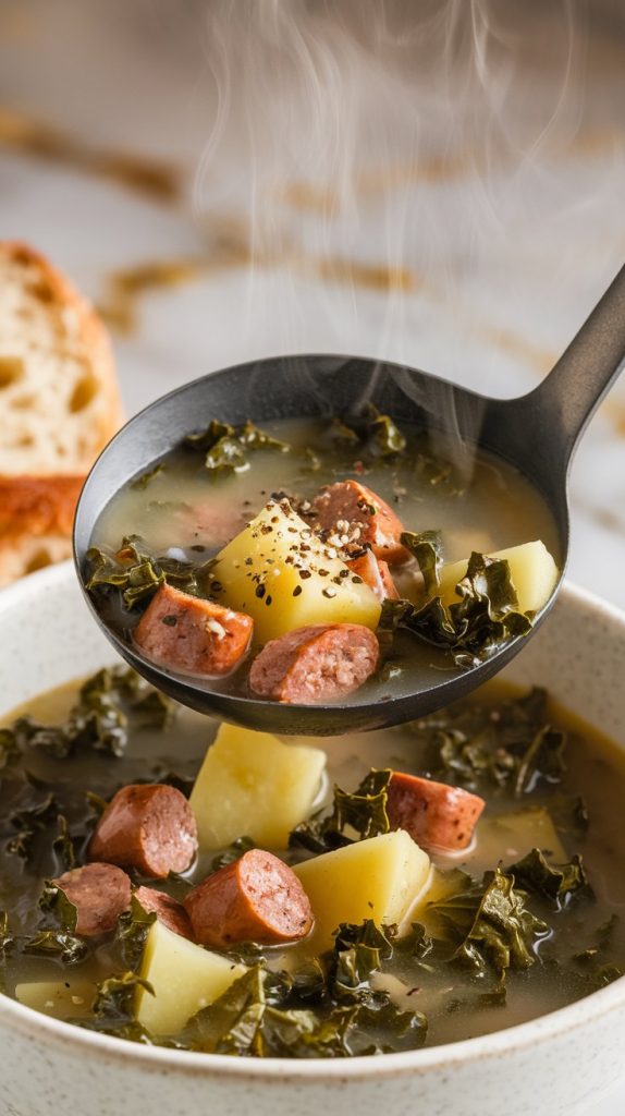 a ladle pouring Crockpot Sausage Kale Soup into a bowl