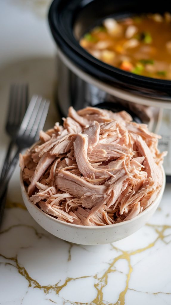 Shredded chicken in a white bowl with two forks beside it