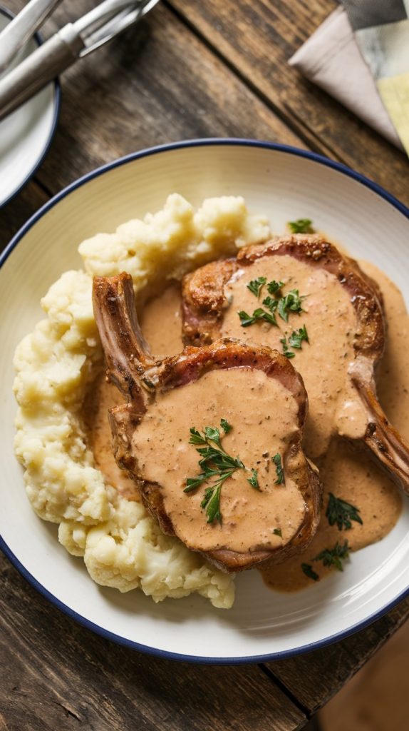 Juicy pork chops plated with creamy sauce poured over, garnished with parsley, and served with cauliflower mash on the side