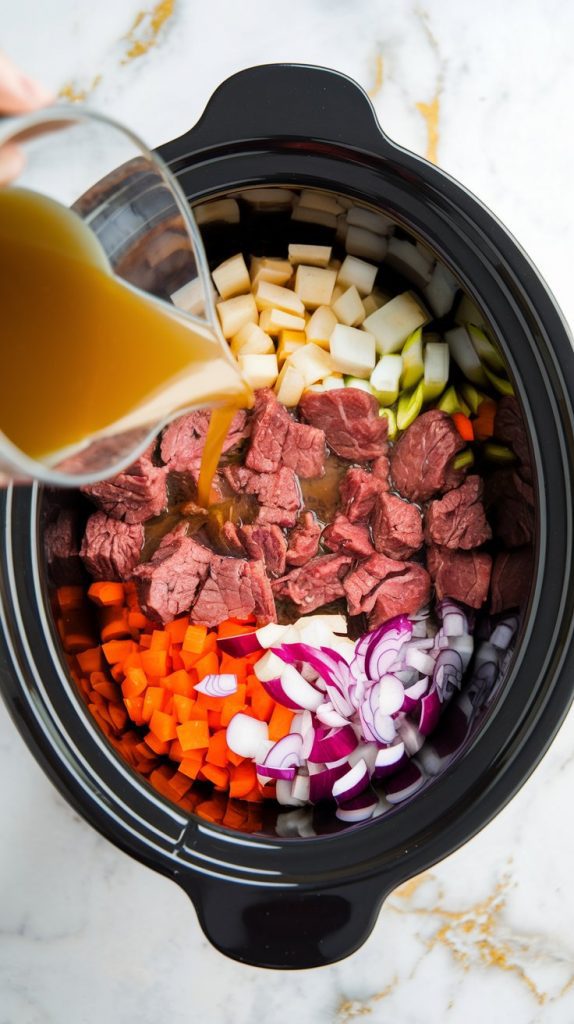 A crockpot filled with layers of raw veggies, browned beef chunks, and beef broth