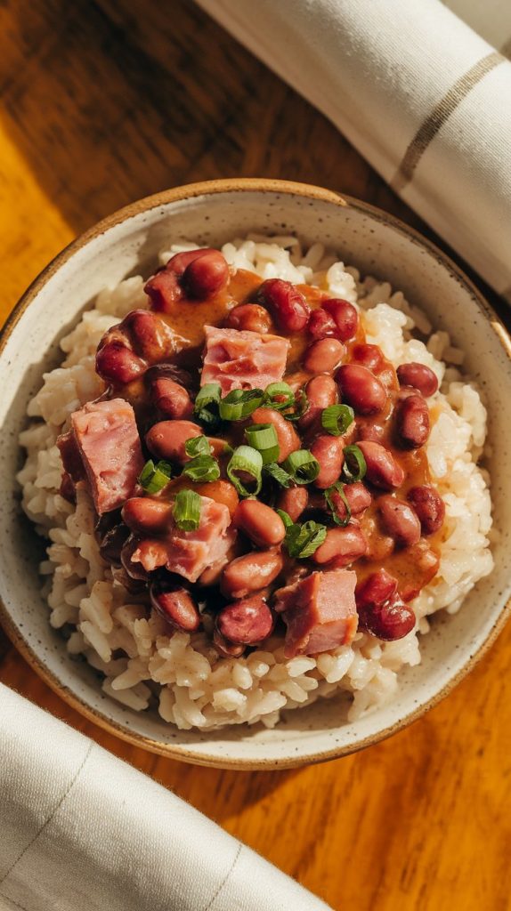 A plated serving of red beans and rice with chunks of ham