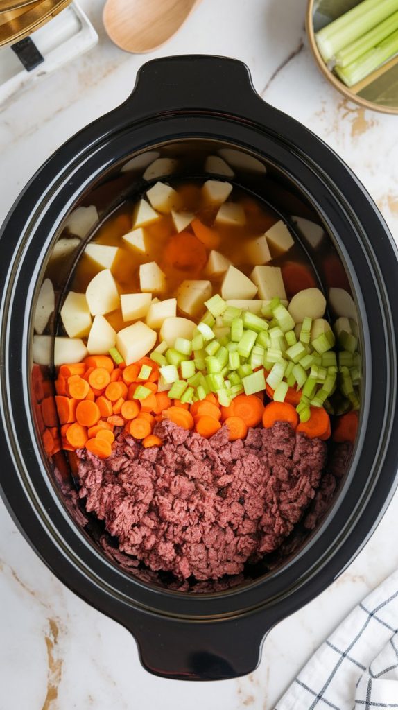 Ingredients layered inside a black Crock Pot, including browned ground beef, diced potatoes