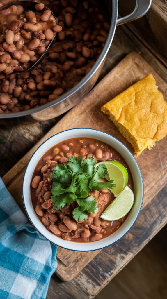 cooked pinto beans being ladled into a bowl, garnished with fresh cilantro and lime wedges