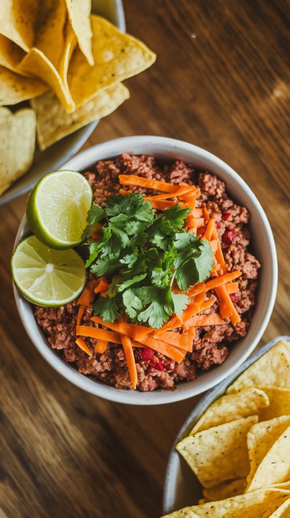 A bowl of Mexican ground beef mixture, topped with shredded cheese