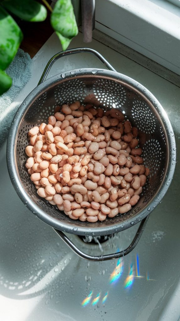 A colander filled with rinsed pinto beans draining in the sink