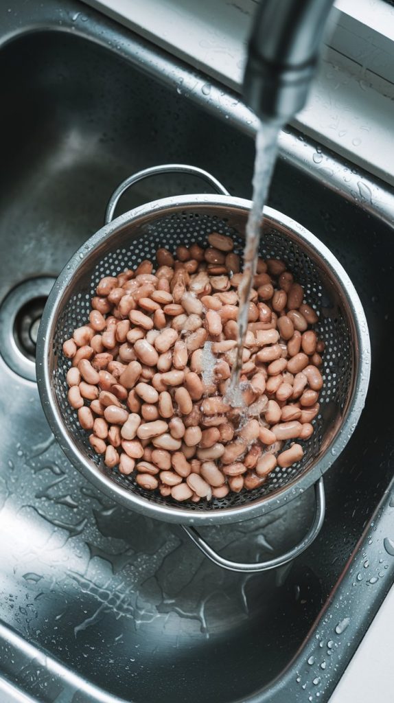 A colander filled with rinsed pinto beans, water droplets visible on the beans