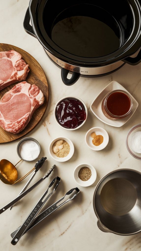 the listed ingredients: raw boneless pork chops, a jar of grape jelly