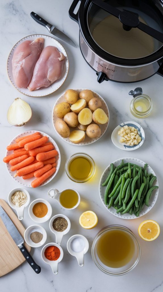 all the ingredients: raw chicken breasts, baby potatoes (halved), baby carrots, green beans, a whole onion (sliced), minced garlic, chicken broth