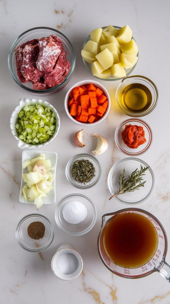 Top-down view of ingredients for Crockpot Beef Stew Soup