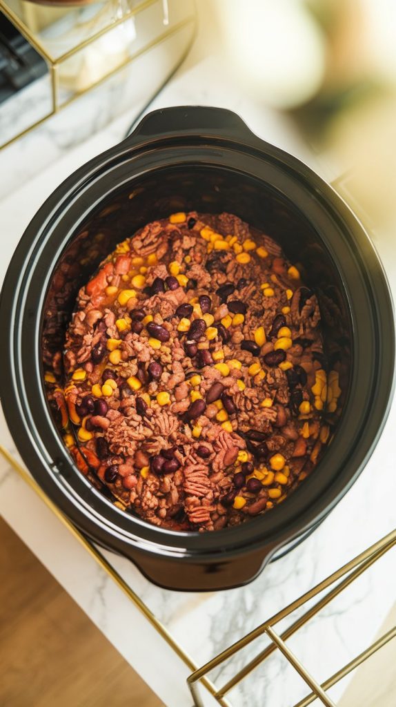 Crockpot with a delicious mixture of Mexican ground beef, beans