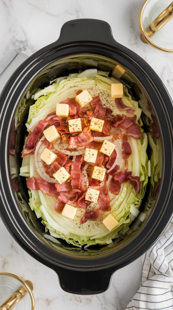 A crockpot filled with layers of chopped cabbage, sliced onions, and bacon chunks, with butter cubes dotted on top