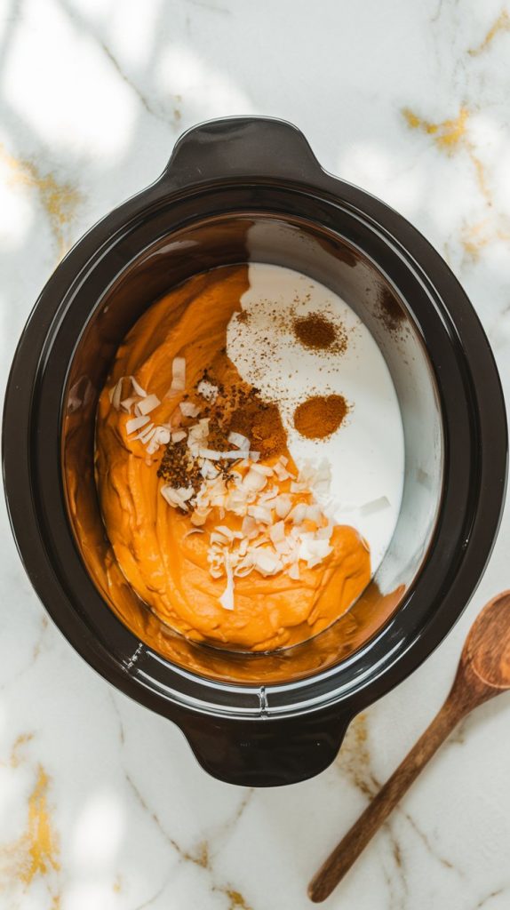 a crockpot filled with pumpkin puree, coconut milk, vegetable broth, and sautéed onion and spices