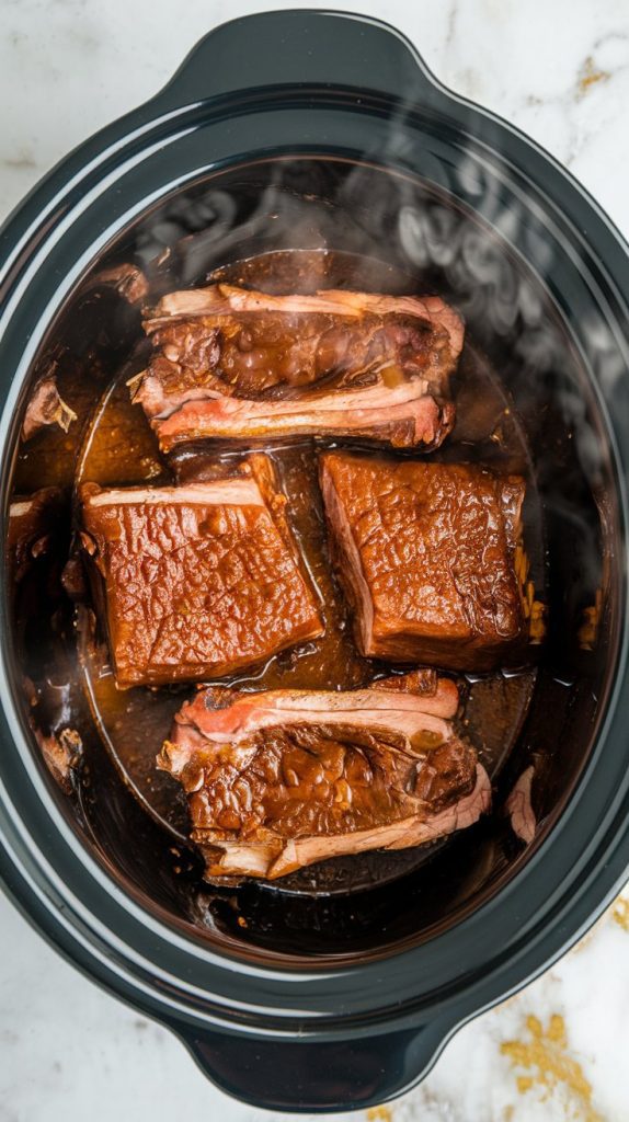 A crockpot filled with short ribs halfway through cooking, the sauce bubbling slightly