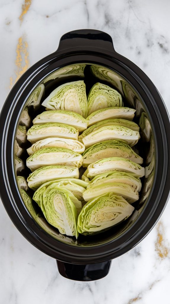 A crockpot filled with raw green cabbage wedges, arranged in a neat layer