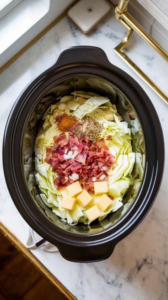 a crockpot filled with chopped cabbage, seasonings sprinkled over the top