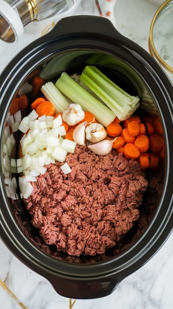 A crockpot filled with browned ground beef, diced onions, garlic, carrots, celery, diced tomatoes