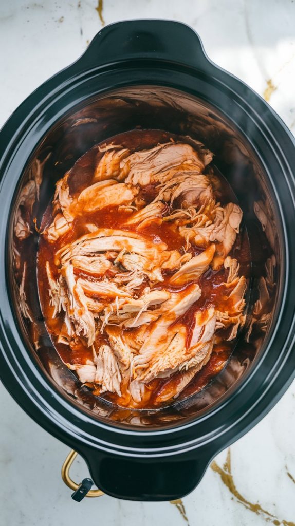 Shredded chicken in the crockpot, soaking in a flavorful salsa-based sauce